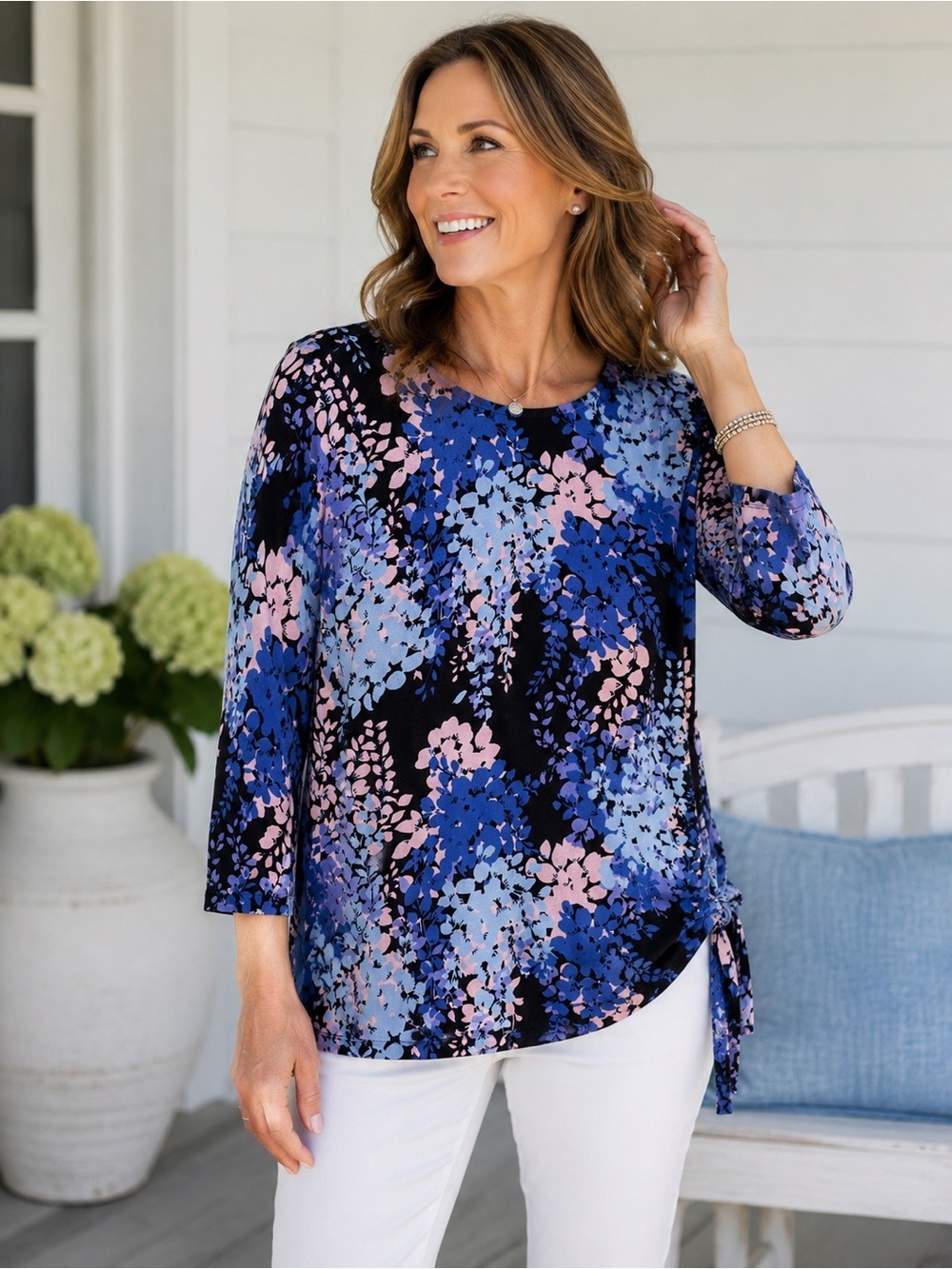 Talbots XL Blue & Pink Floral 3/4 Sleeve Knit Top | Soft Cotton Blend | Side Tie